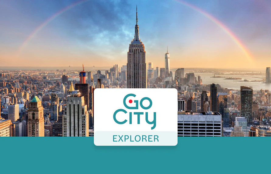 New York City skyline with Empire State Building and rainbow, promoting Go City Explorer Pass.