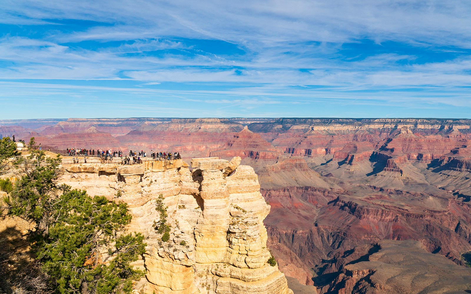 Visitors at Mather Point enjoying the Grand Canyon's expansive view.