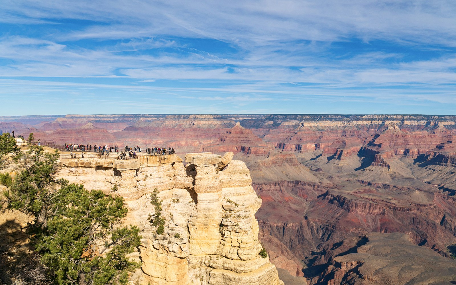 Visitors at Mather Point enjoying the Grand Canyon's expansive view.