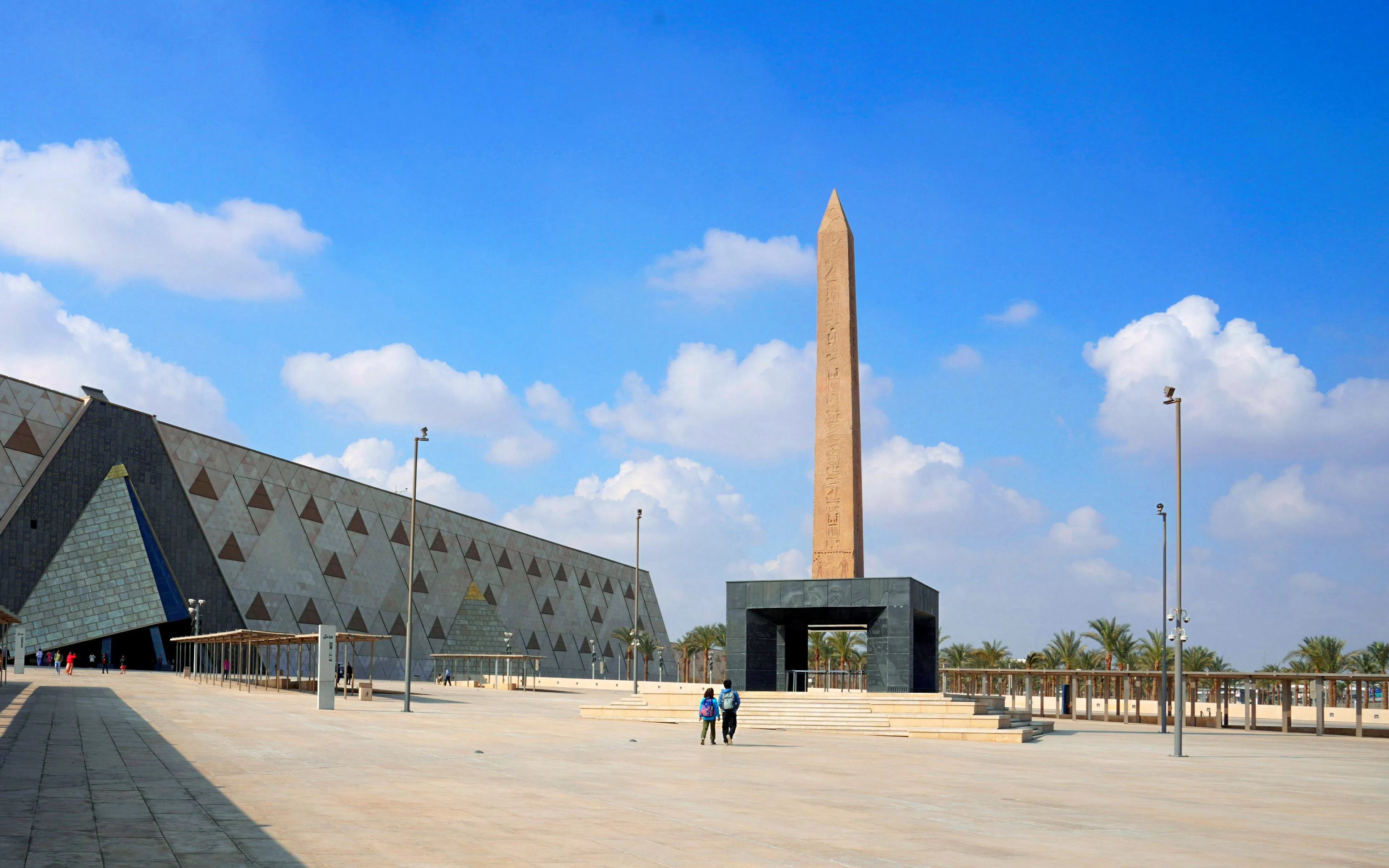 Hanging Obelisk at the Grand Egyptian Museum entrance in Giza, Egypt.