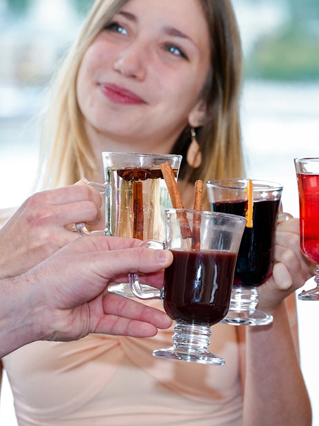 Group toasting with mulled wine on Danube River nighttime sightseeing cruise.