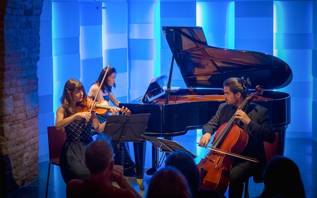 Musicians performing at Mozarthaus concert in Vienna with violin, cello, and piano.