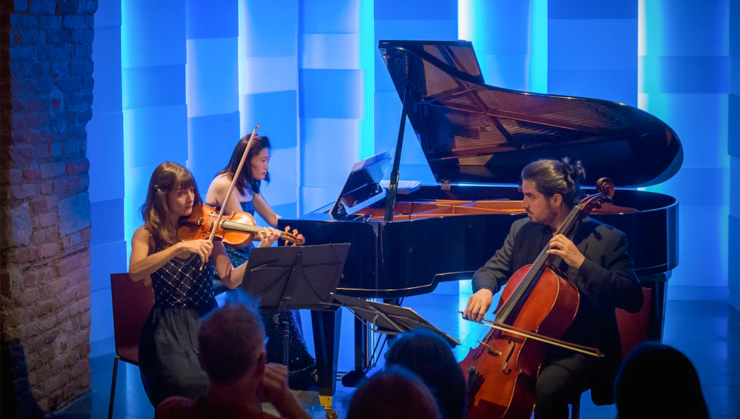 Musicians performing at Mozarthaus concert in Vienna with violin, cello, and piano.