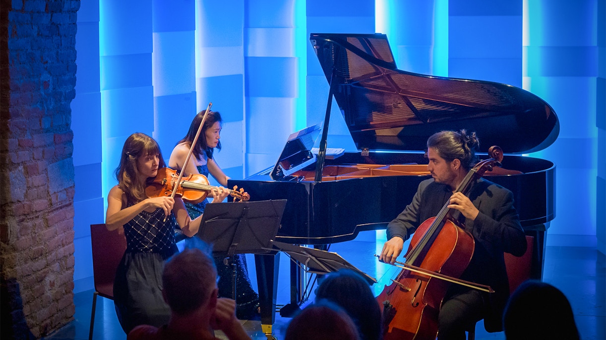 Musicians performing at Mozarthaus concert in Vienna with violin, cello, and piano.