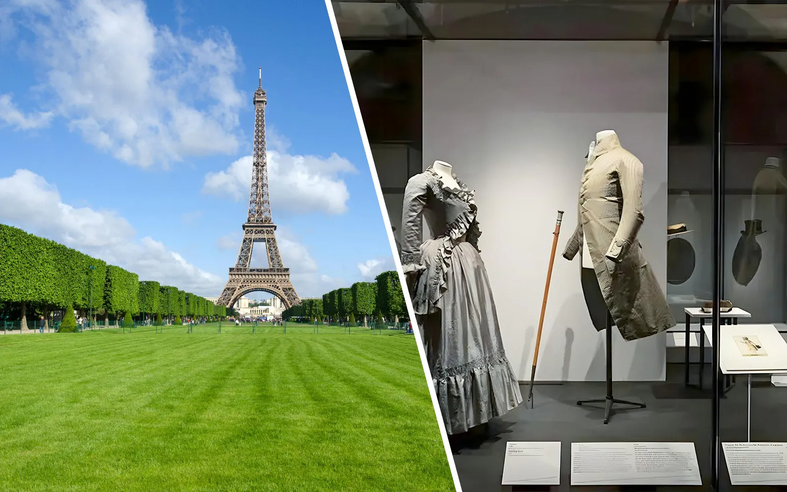 Eiffel Tower with nearby gardens and historical costumes in a museum display, Paris.