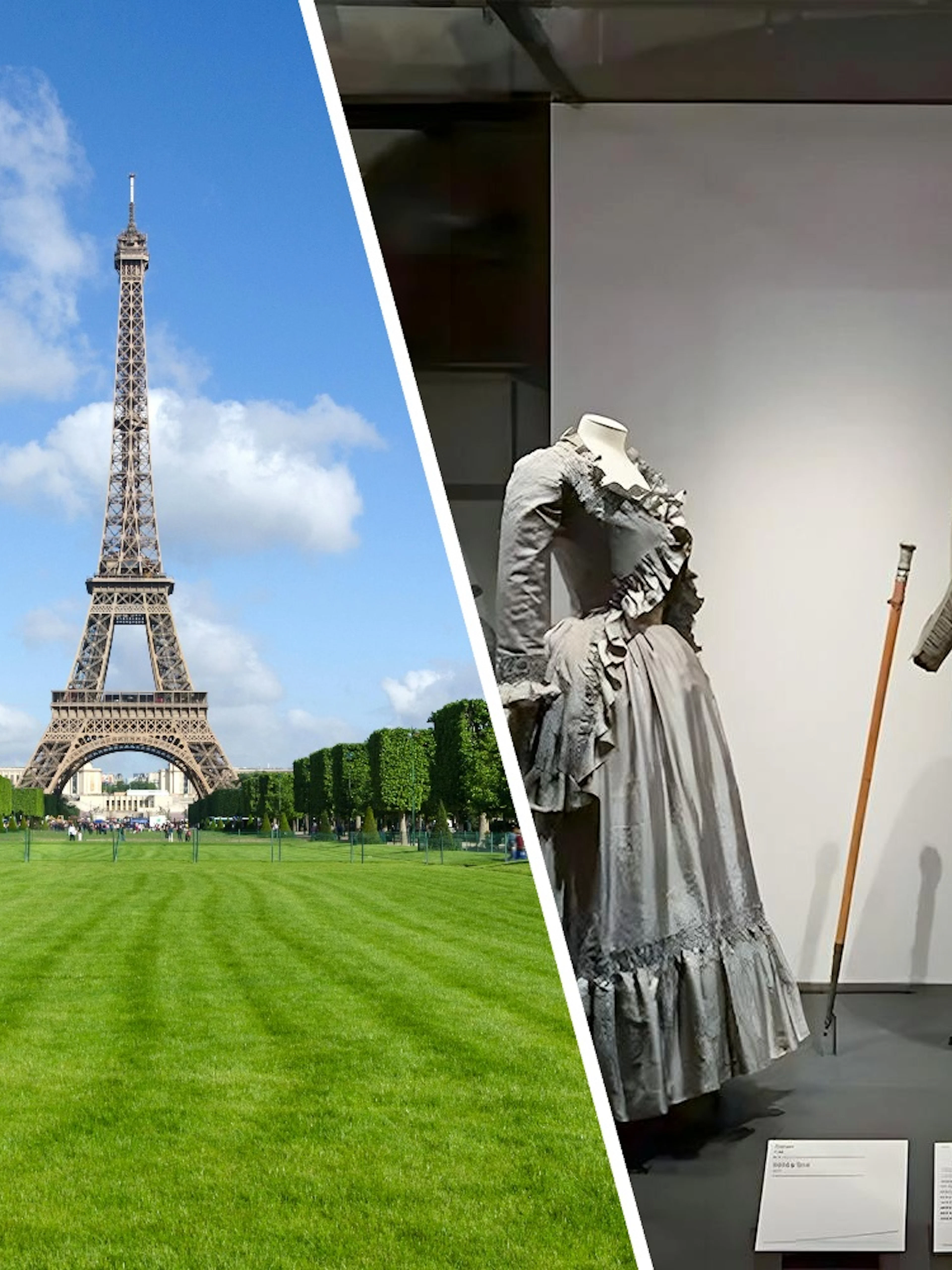 Eiffel Tower with nearby gardens and historical costumes in a museum display, Paris.