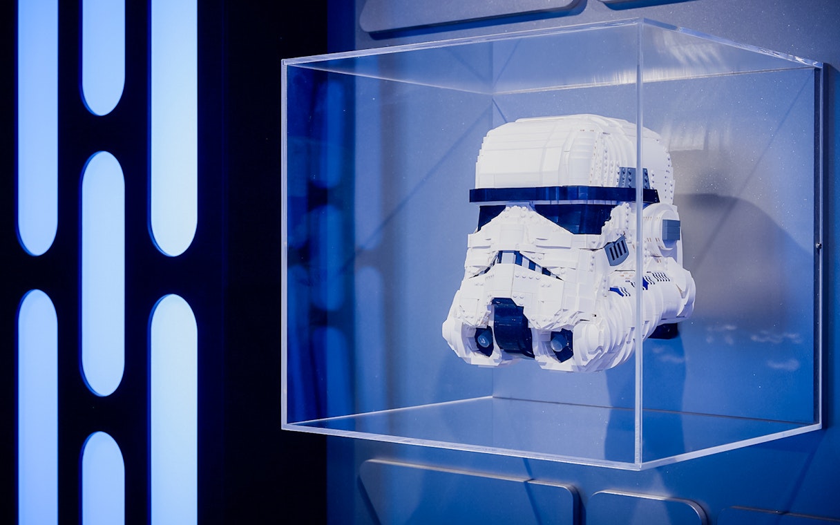 LEGO Stormtrooper helmet display at LEGO Star Wars The Exhibition.