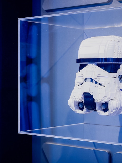 LEGO Stormtrooper helmet display at LEGO Star Wars The Exhibition.