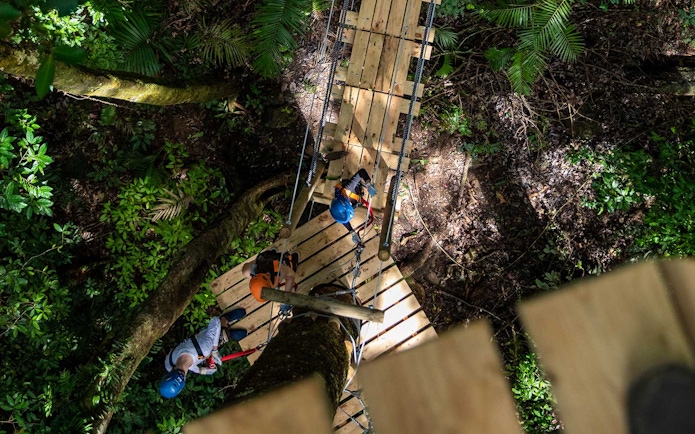 Participants on a zipline platform in Daintree Rainforest, Australia.