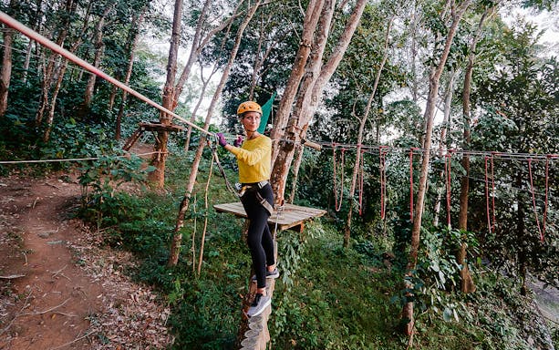 Young woman on a treetop rope course with climbing gear in a forest adventure.