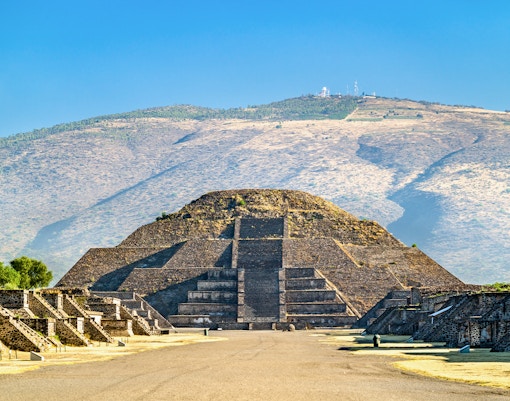 Pyramid of the Moon at Teotihuacan, Mexico, with surrounding ancient structures.