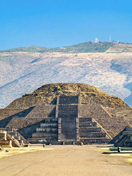 Pyramid of the Moon at Teotihuacan, Mexico, with surrounding ancient structures.