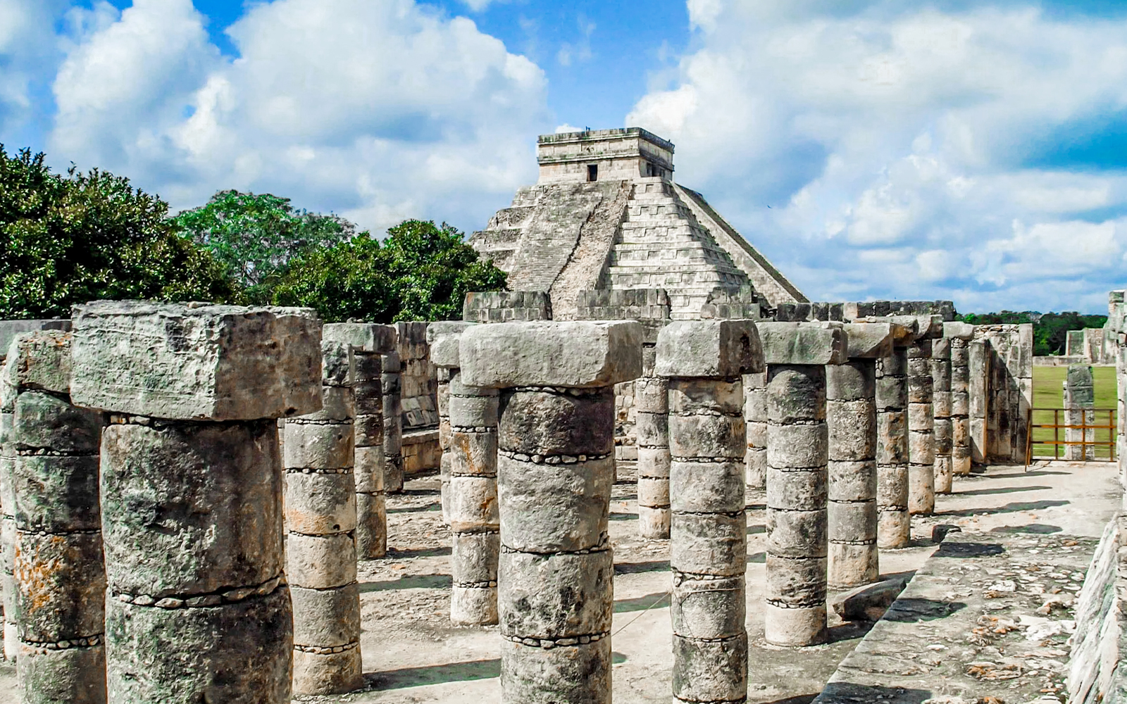 Chichen Itza temple and columns at sunrise, Yucatan, Mexico.