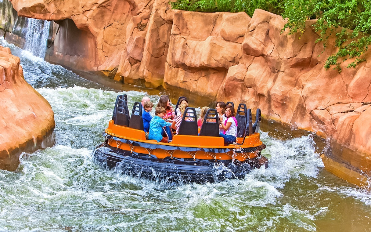Tourists enjoy Radja River rapids ride at Walibi Belgium.