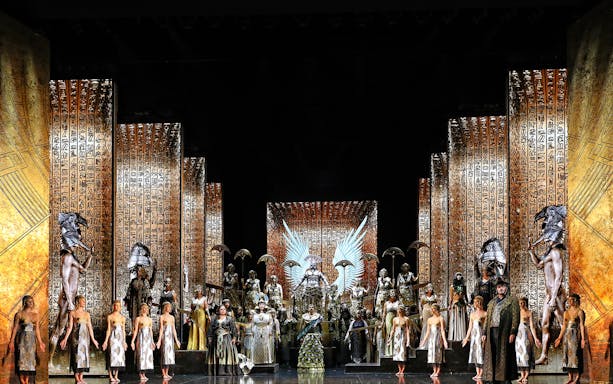 Opera performance of Aida with elaborate costumes and set design at Queensland Performing Arts Centre.