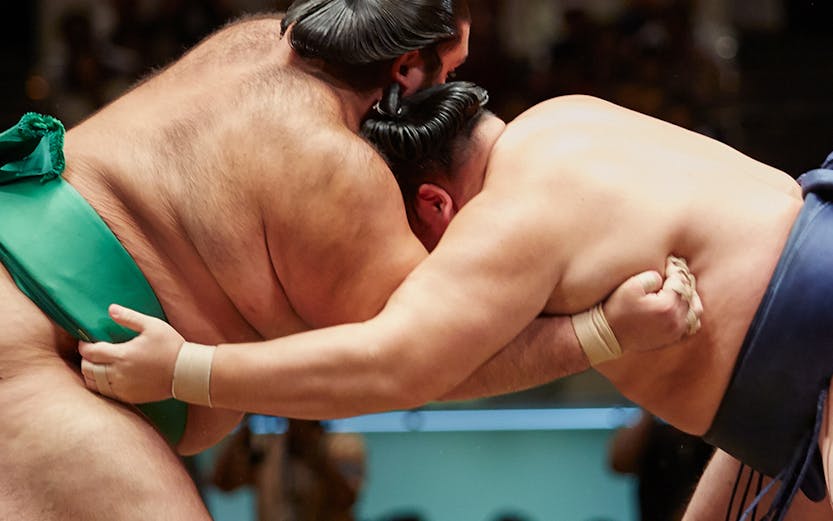 Sumo wrestlers grappling in a match at a tournament in Japan.