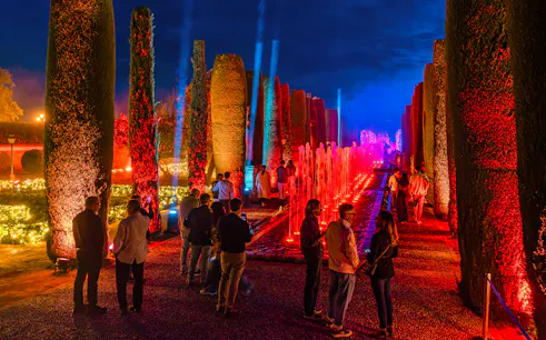 Alcazar of Cordoba garden illuminated at night with colorful lights and fountains.
