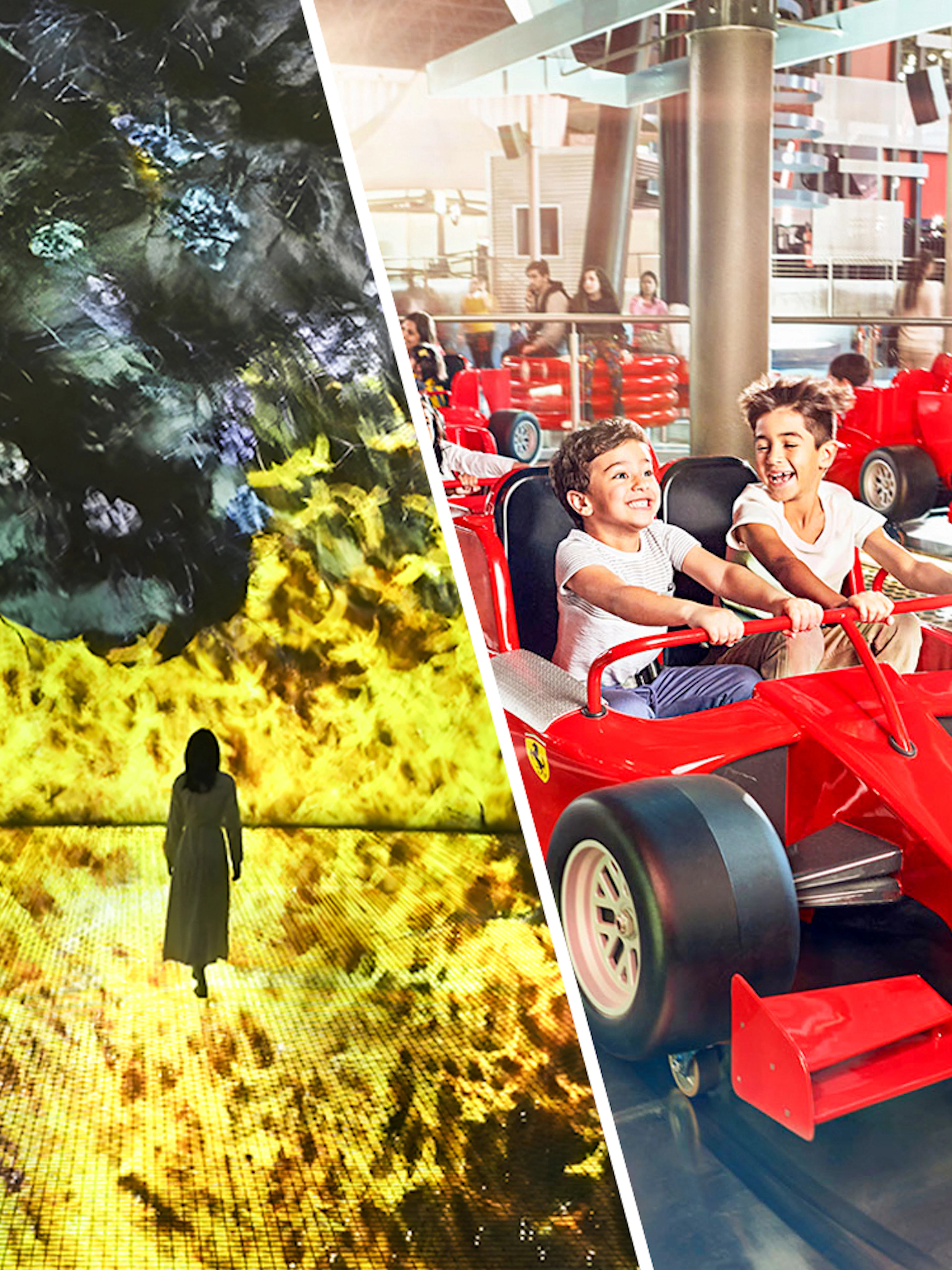 teamLab Phenomena art installation and children in Ferrari World Abu Dhabi ride