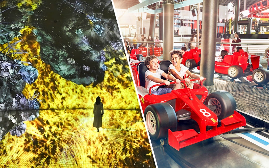 teamLab Phenomena art installation and children in Ferrari World Abu Dhabi ride