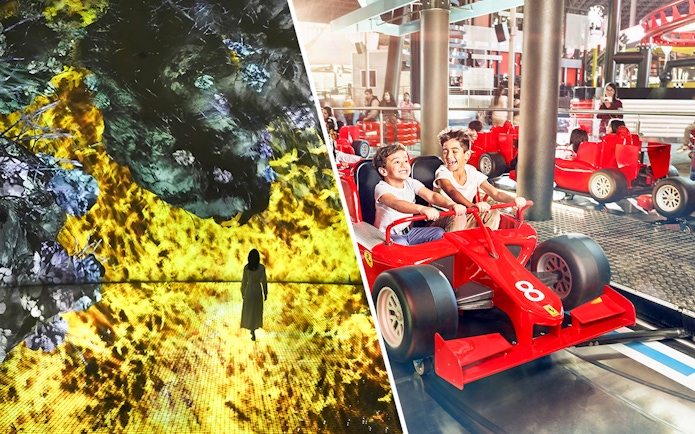 teamLab Phenomena art installation and children in Ferrari World Abu Dhabi ride