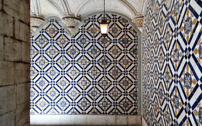Decorative blue and white tiles at the National Tile Museum, Lisbon.