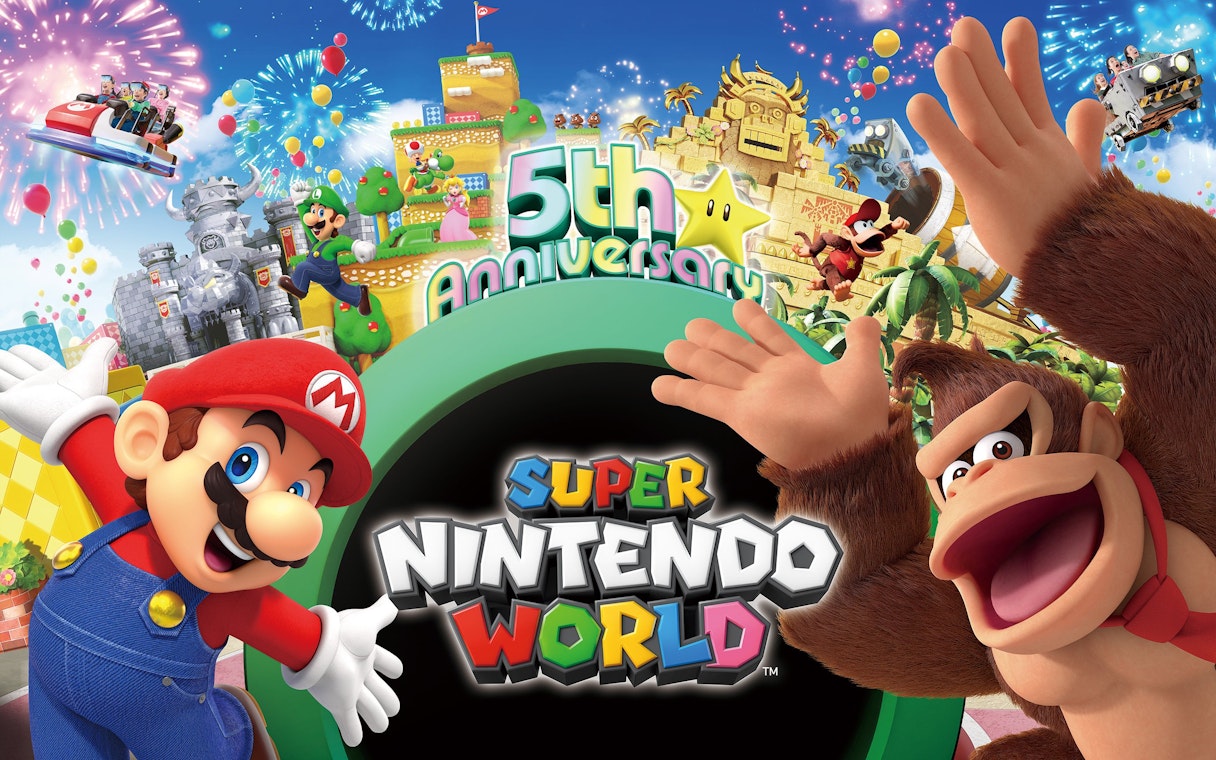 Super Nintendo World 5th anniversary celebration at Universal Studios Japan with Mario and Donkey Kong.