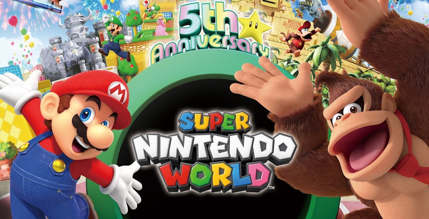 Super Nintendo World 5th anniversary celebration at Universal Studios Japan with Mario and Donkey Kong.