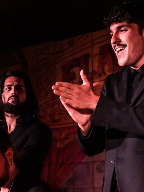 Flamenco performers clapping and singing at Flamenco De Leones Show.