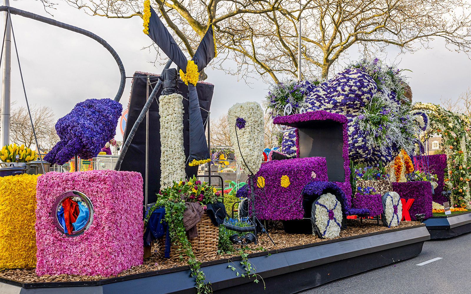 Flower floats lined up for the evening illuminated Flower Parade Bollenstreek in Noordwijkerhout.