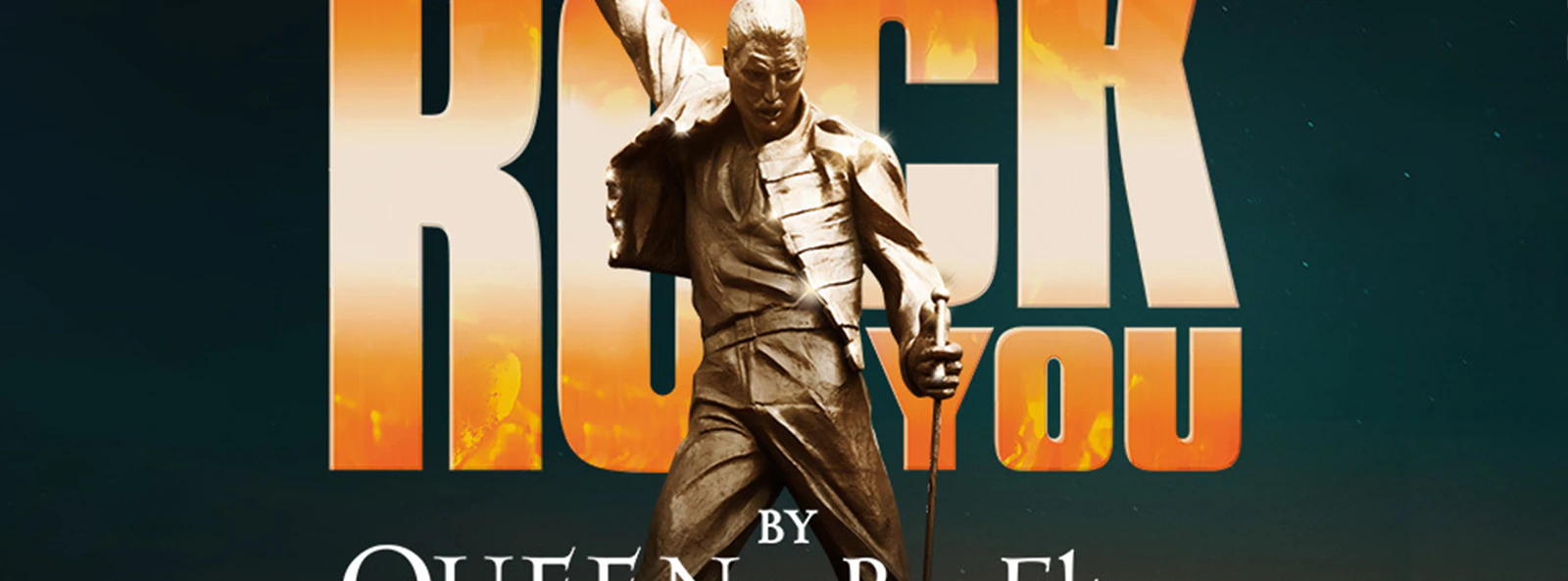 We Will Rock You musical poster featuring a statue of a performer.