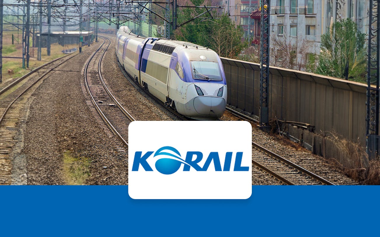 KTX train on tracks in Korea with Korail logo, promoting KR Pass Ticket.