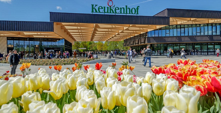 Keukenhof entrance with colorful tulips and visitors, Amsterdam tour.