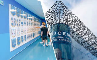 Velodrome stadium tour with visitors viewing team banners; Mucem Marseille exterior.
