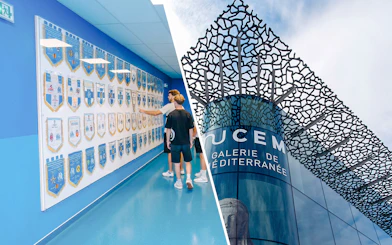Velodrome stadium tour with visitors viewing team banners; Mucem Marseille exterior.