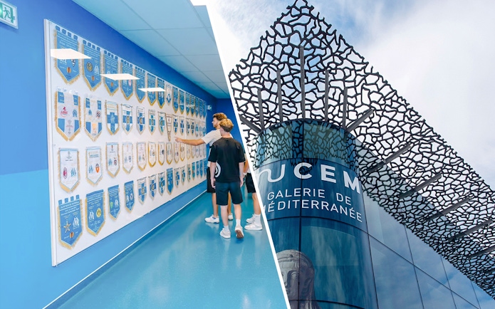 Velodrome stadium tour with visitors viewing team banners; Mucem Marseille exterior.