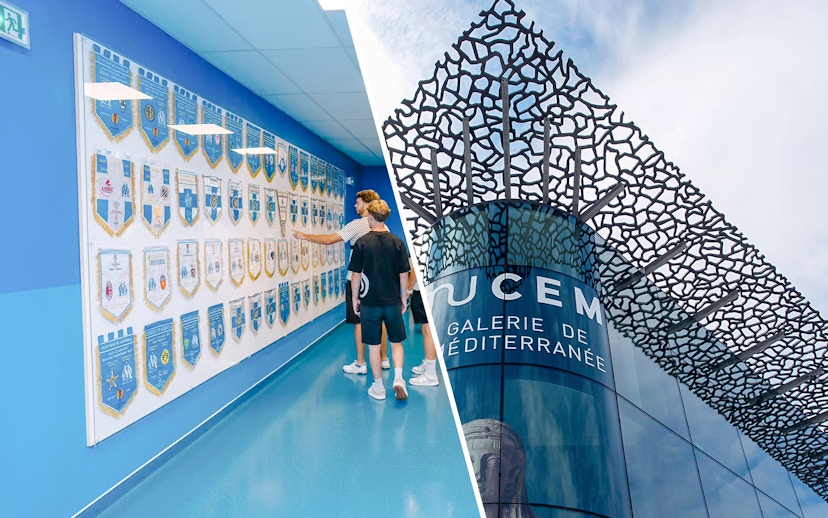 Velodrome stadium tour with visitors viewing team banners; Mucem Marseille exterior.