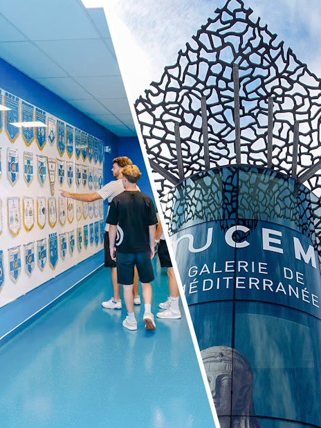 Velodrome stadium tour with visitors viewing team banners; Mucem Marseille exterior.