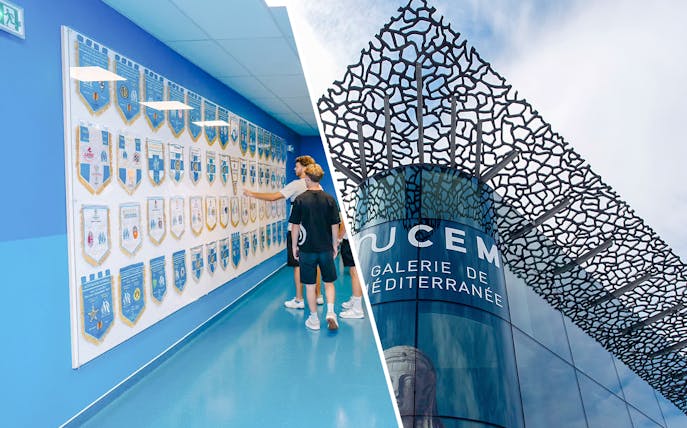 Velodrome stadium tour with visitors viewing team banners; Mucem Marseille exterior.