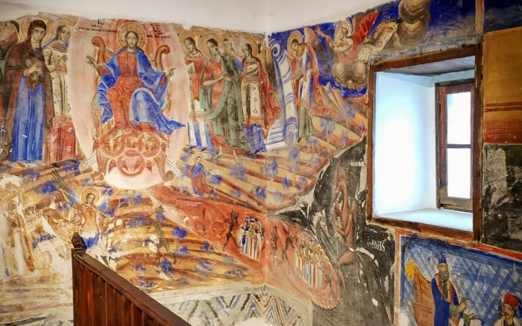 Frescoes depicting religious figures inside Berat Castle, Albania.