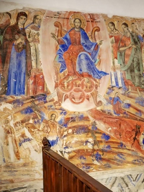 Frescoes depicting religious figures inside Berat Castle, Albania.