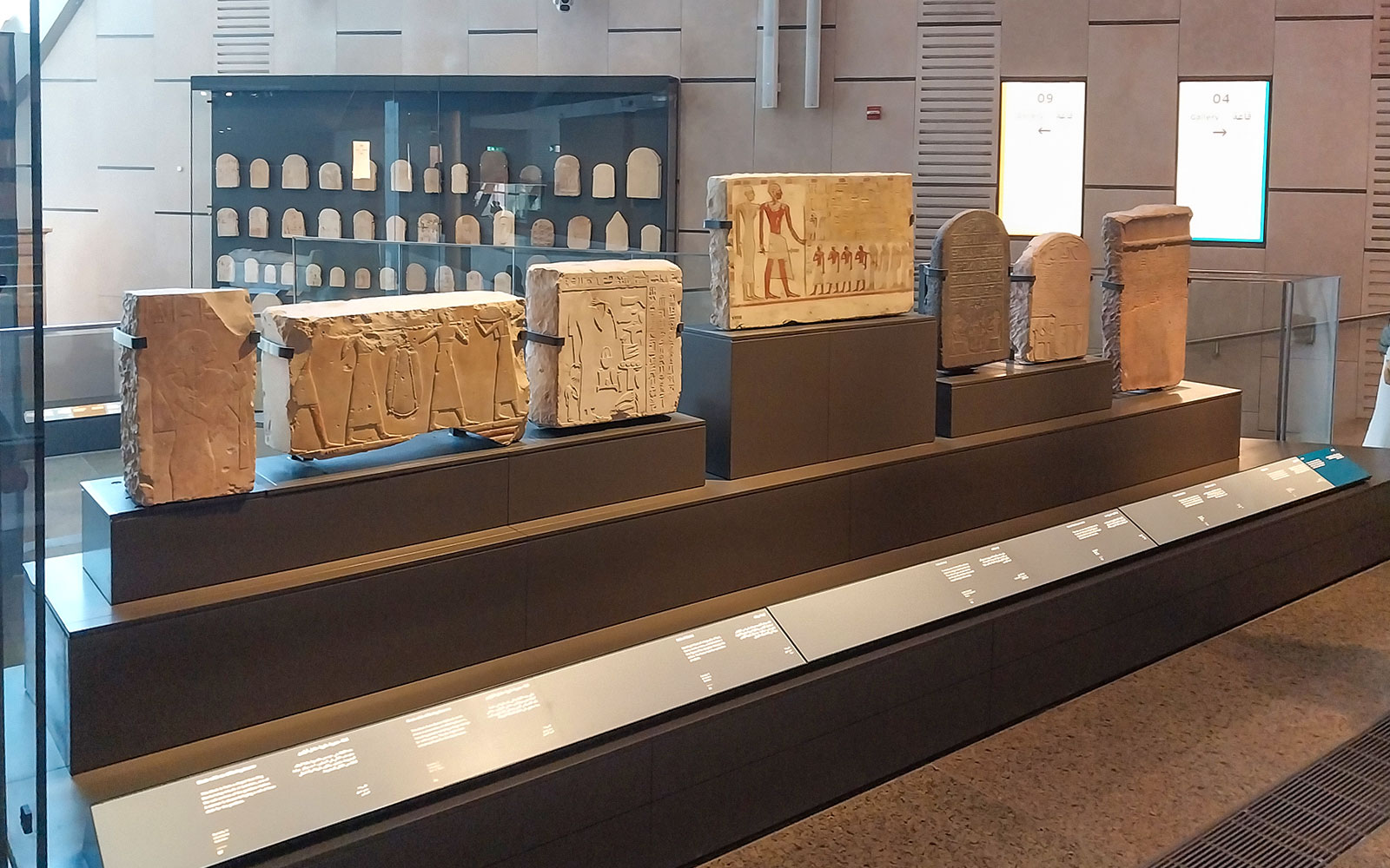 Ancient Egyptian artifacts displayed at the Grand Egyptian Museum.