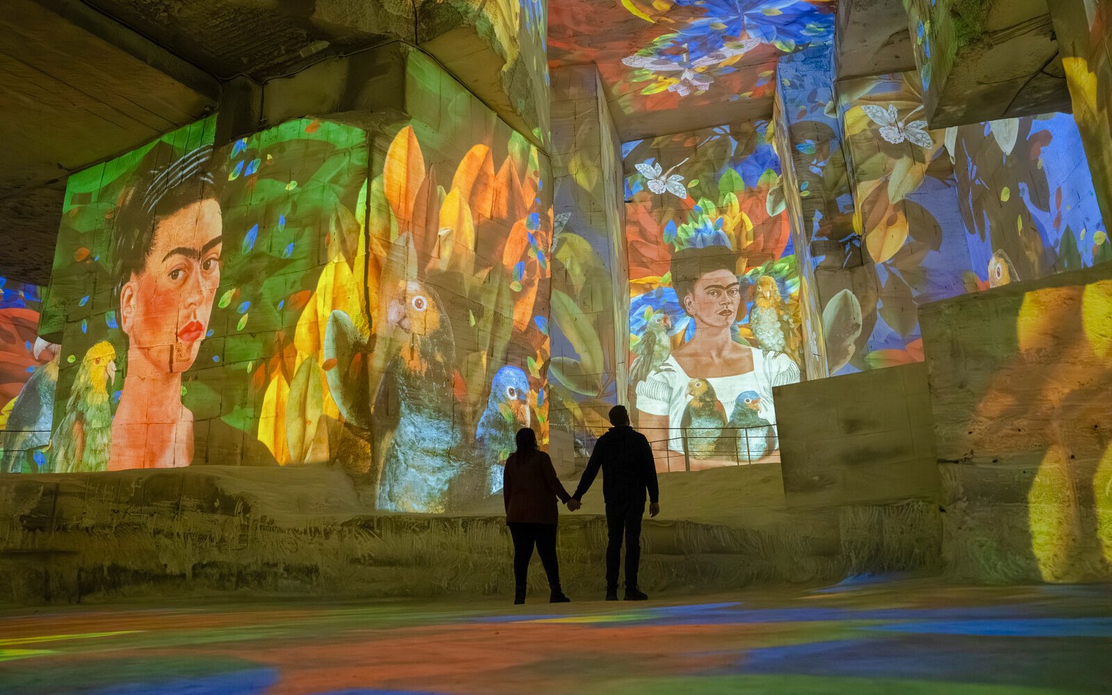 Frida Kahlo artwork projected at Carrières des Lumières exhibit, featuring vibrant colors and nature themes.