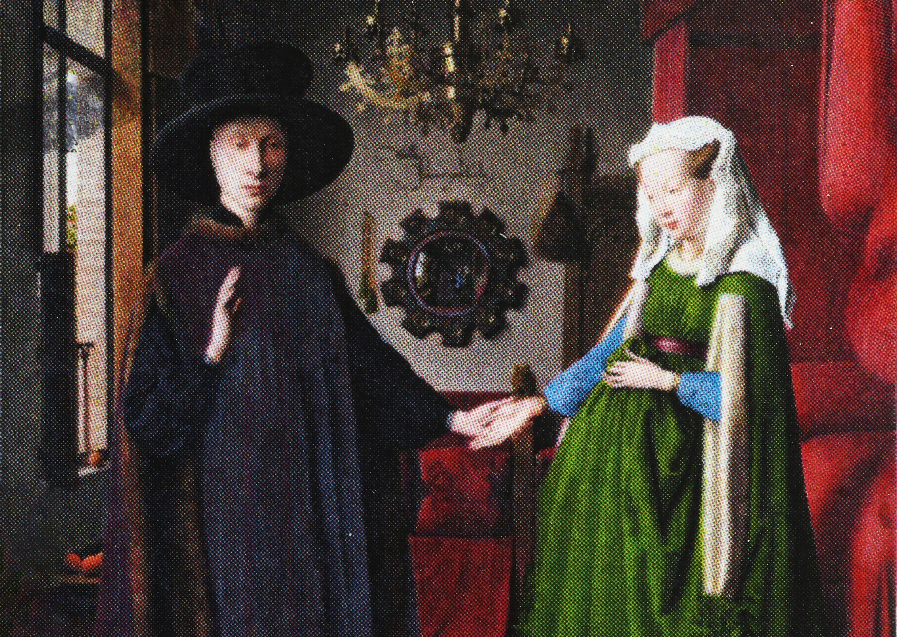 Arnolfini Portrait by Jan Van Eyck depicting a couple in a detailed interior setting.