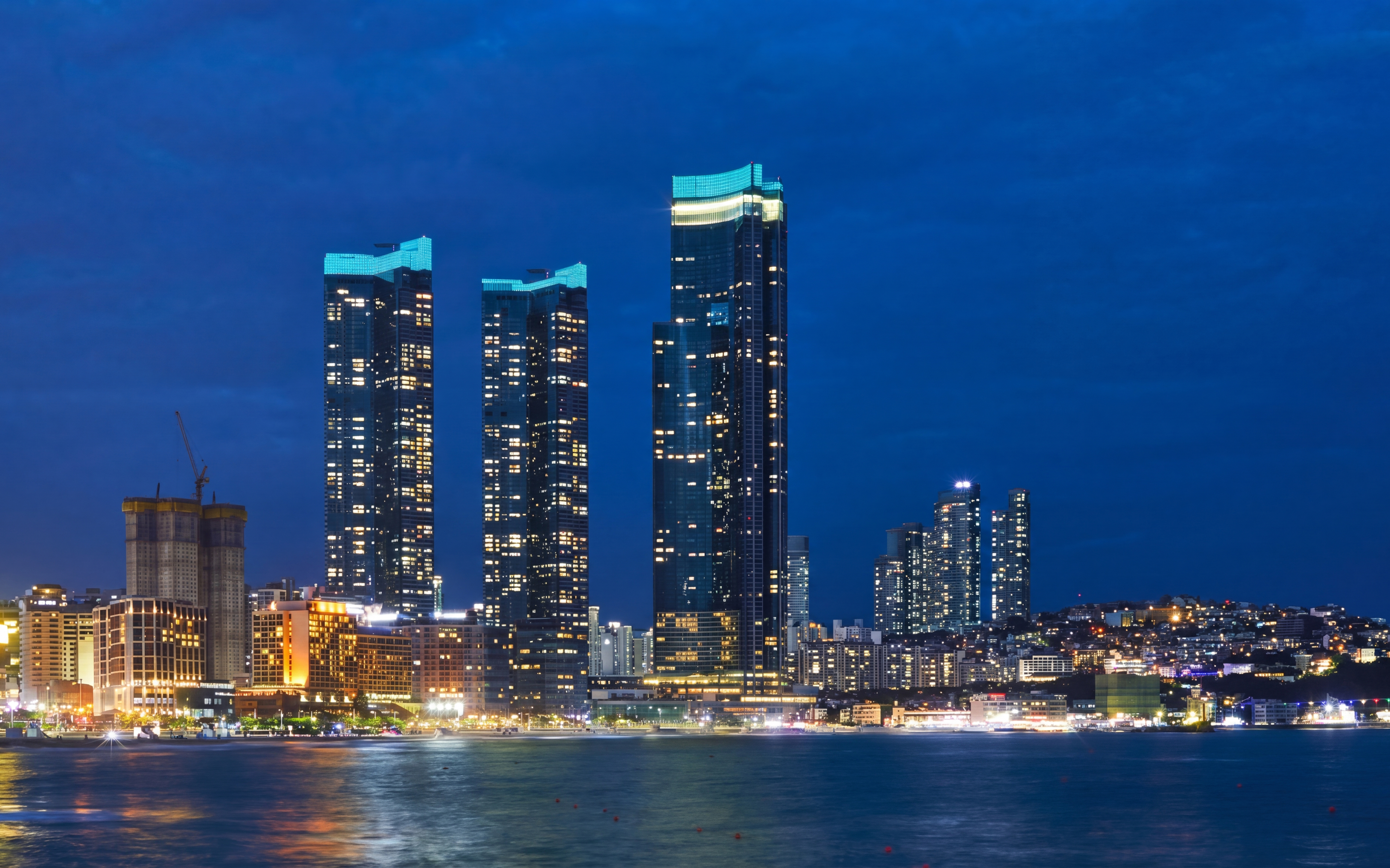 Busan skyline at night with illuminated skyscrapers near the waterfront.