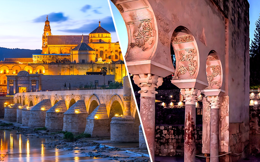 Cordoba Cathedral-Mosque at dusk and Medina Azahara arches illuminated at night.