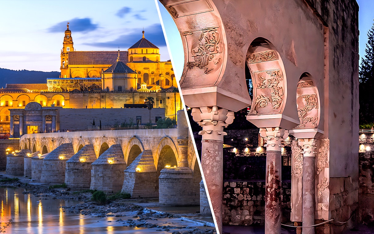 Cordoba Cathedral-Mosque at dusk and Medina Azahara arches illuminated at night.