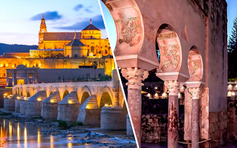 Cordoba Cathedral-Mosque at dusk and Medina Azahara arches illuminated at night.