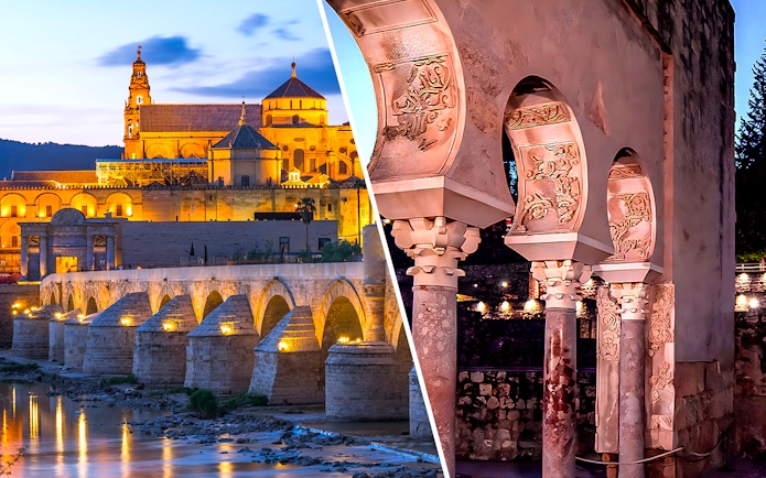 Cordoba Cathedral-Mosque at dusk and Medina Azahara arches illuminated at night.