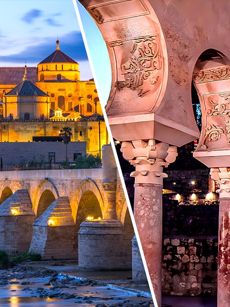 Cordoba Cathedral-Mosque at dusk and Medina Azahara arches illuminated at night.