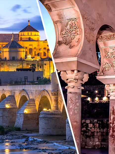 Cordoba Cathedral-Mosque at dusk and Medina Azahara arches illuminated at night.